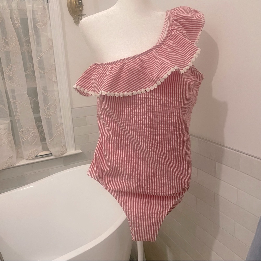 J. CREW Swimsuit One-shoulder Ruffle One-Piece in Seersucker Size 14 - Picture 3 of 14